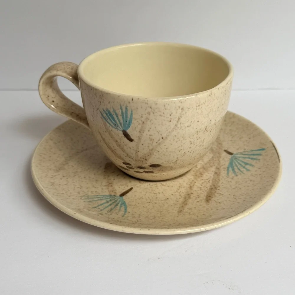 Red Wing Bob White Cup and Saucer Set Hand Painted Ovenproof USA Vintage MCM